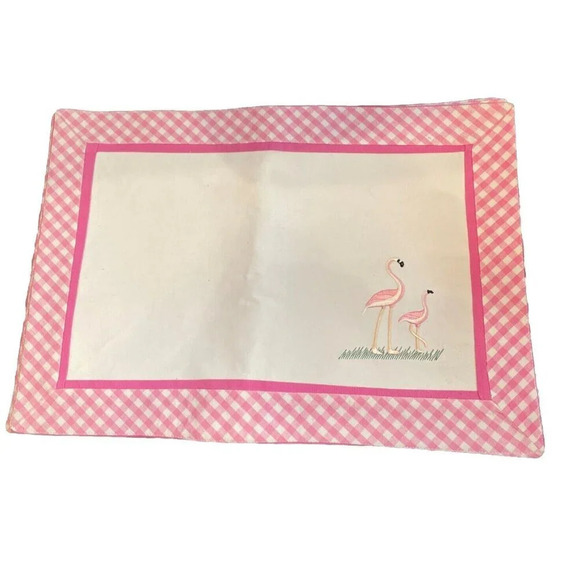 Pink Gingham Flamingo Placemats W/Cloth Napkins Set Of 8 Cotton Beach Summer - Picture 2 of 7